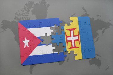 bir dünya haritası arka plan üzerinde küba ve madeira ulusal bayrağı ile bulmaca.