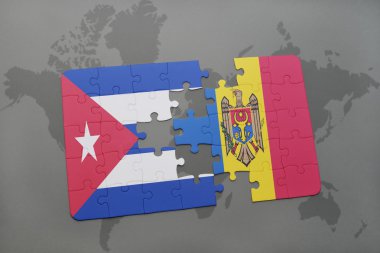 bir dünya haritası arka plan üzerinde küba ve moldova ulusal bayrağı ile bulmaca.
