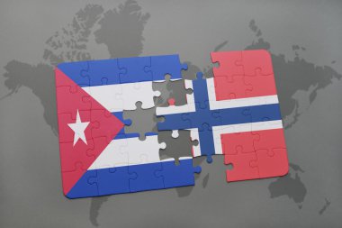 bir dünya haritası arka plan üzerinde Küba ve Norveç ulusal bayrağı ile bulmaca.