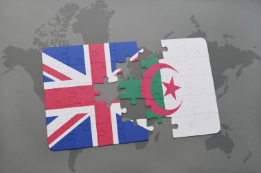 bir dünya haritası arka plan üzerinde büyük Britanya ve Cezayir ulusal bayrağı ile bulmaca.