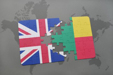 bir dünya haritası arka plan üzerinde büyük Britanya ve Benin ulusal bayrağı ile bulmaca.