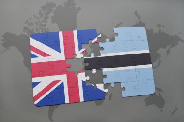 bir dünya haritası arka plan üzerinde büyük Britanya ve botsvana ulusal bayrağı ile bulmaca.