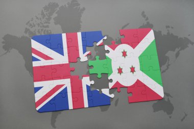 bir dünya haritası arka plan üzerinde büyük Britanya ve Burundi ulusal bayrağı ile bulmaca.