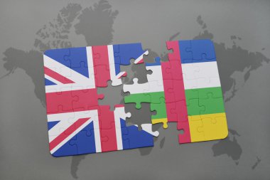 bir dünya haritası arka plan üzerinde Büyük Britanya ve Orta Afrika Cumhuriyeti ulusal bayrağı ile bulmaca.