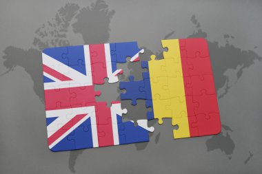 bir dünya haritası arka plan üzerinde büyük Britanya ve çad ulusal bayrağı ile bulmaca.