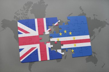 bir dünya haritası arka plan üzerinde büyük Britanya ve cape verde ulusal bayrağı ile bulmaca.