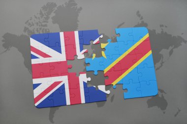 bir dünya haritası arka plan üzerinde büyük Britanya ve Kongo Demokratik Cumhuriyeti ulusal bayrağı ile bulmaca.