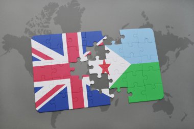 bir dünya haritası arka plan üzerinde büyük Britanya ve cibuti ulusal bayrağı ile bulmaca.
