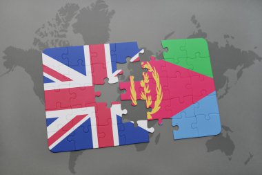 bir dünya haritası arka plan üzerinde büyük Britanya ve Eritre ulusal bayrağı ile bulmaca.