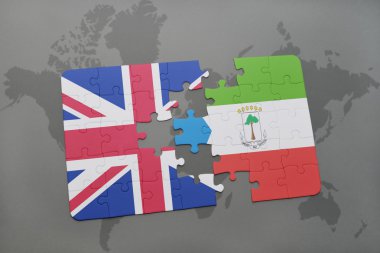 bir dünya haritası arka plan üzerinde büyük Britanya ve ekvator ginesi ulusal bayrağı ile bulmaca.