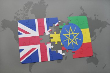 bir dünya haritası arka plan üzerinde büyük Britanya ve Etiyopya ulusal bayrağı ile bulmaca.