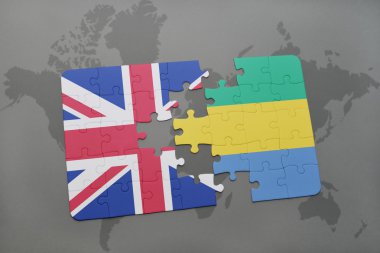 bir dünya haritası arka plan üzerinde büyük Britanya ve gabon ulusal bayrağı ile bulmaca.