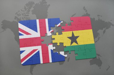 bir dünya haritası arka plan üzerinde büyük Britanya ve Gana ulusal bayrağı ile bulmaca.