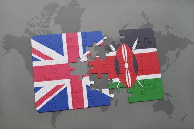 bir dünya haritası arka plan üzerinde büyük Britanya ve Kenya ulusal bayrağı ile bulmaca.