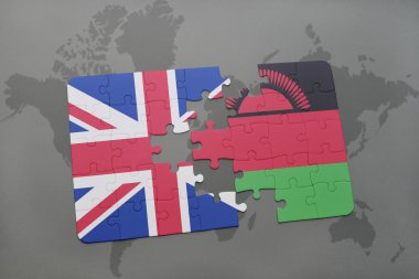 bir dünya haritası arka plan üzerinde büyük Britanya ve malavi ulusal bayrağı ile bulmaca.