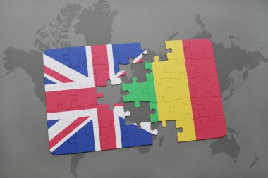 bir dünya haritası arka plan üzerinde büyük Britanya ve mali ulusal bayrağı ile bulmaca.