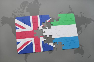 bir dünya haritası arka plan üzerinde büyük Britanya ve sierra leone ulusal bayrağı ile bulmaca.