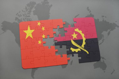 bir dünya haritası arka plan üzerinde Çin ve angola ulusal bayrağı ile bulmaca.