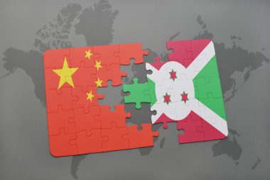 bir dünya haritası arka plan üzerinde Çin ve Burundi ulusal bayrağı ile bulmaca.