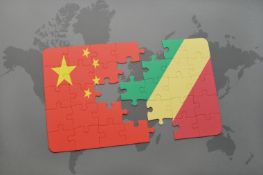 bir dünya haritası arka plan üzerinde Çin ve Kongo Cumhuriyeti ulusal bayrağı ile bulmaca.