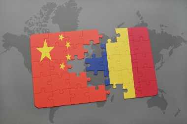 bir dünya haritası arka plan üzerinde çin ve çad ulusal bayrağı ile bulmaca.