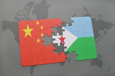 bir dünya haritası arka plan üzerinde çin ve cibuti ulusal bayrağı ile bulmaca.