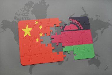 bir dünya haritası arka plan üzerinde çin ve malavi ulusal bayrağı ile bulmaca.