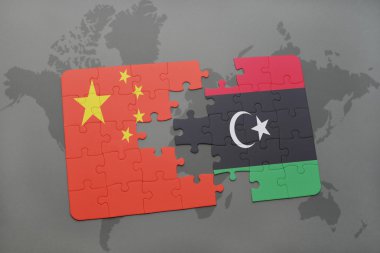 bir dünya haritası arka plan üzerinde Çin ve Libya ulusal bayrağı ile bulmaca.
