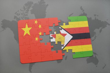 bir dünya haritası arka plan üzerinde Çin ve zimbabve ulusal bayrağı ile bulmaca.