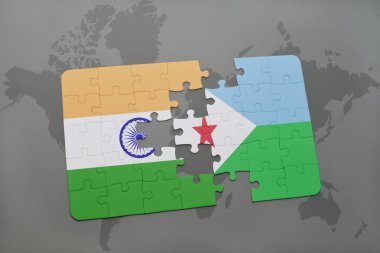 Dünya harita arka plan üzerinde Hindistan ve Cibuti bayrağı ulusal ile bulmaca.
