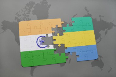 bir dünya haritası arka plan üzerinde Hindistan ve gabon ulusal bayrağı ile bulmaca.