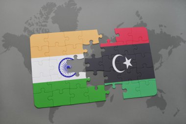 bir dünya haritası arka plan üzerinde Hindistan ve Libya ulusal bayrağı ile bulmaca.