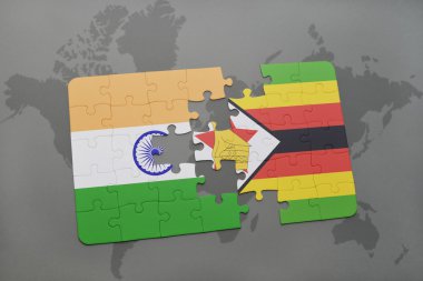 bir dünya haritası arka plan üzerinde Hindistan ve zimbabve ulusal bayrağı ile bulmaca.