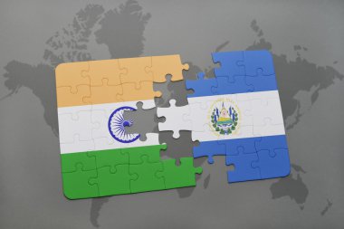 bir dünya haritası arka plan üzerinde Hindistan ve el salvador ulusal bayrağı ile bulmaca.