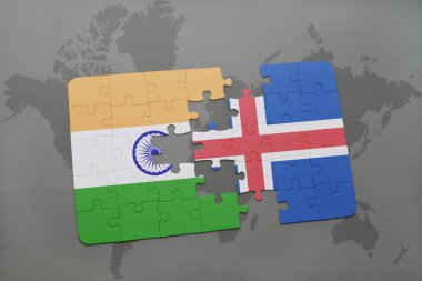 bir dünya haritası arka plan üzerinde Hindistan ve İzlanda ulusal bayrağı ile bulmaca.