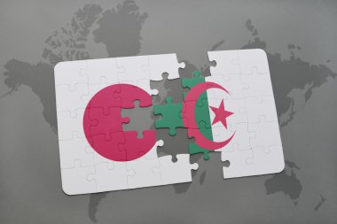 bir dünya haritası arka plan üzerinde Japonya ve Cezayir ulusal bayrağı ile bulmaca.