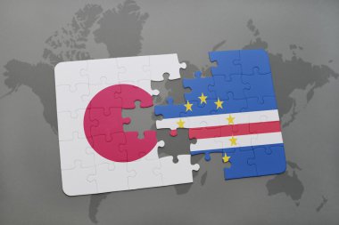 bir dünya haritası arka plan üzerinde japonya ve cape verde ulusal bayrağı ile bulmaca.