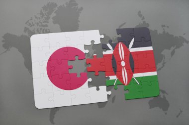 bir dünya haritası arka plan üzerinde Japonya ve Kenya ulusal bayrağı ile bulmaca.
