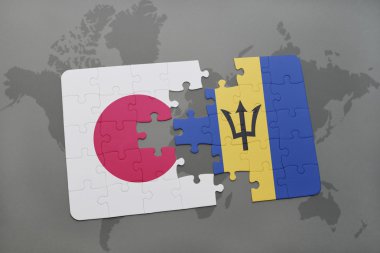 bir dünya haritası arka plan üzerinde Japonya ve Barbados ulusal bayrağı ile bulmaca.