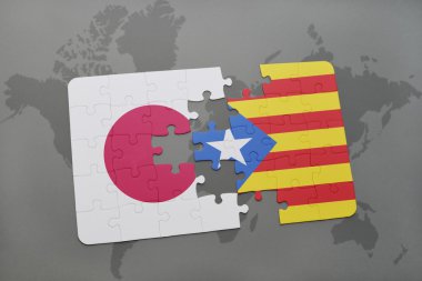 bir dünya haritası arka plan üzerinde Japonya ve Katalonya ulusal bayrağı ile bulmaca.