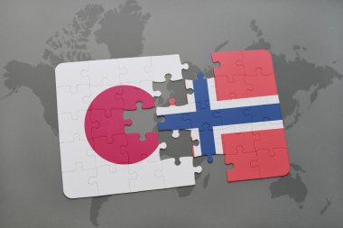 bir dünya haritası arka plan üzerinde Japonya ve Norveç ulusal bayrağı ile bulmaca.
