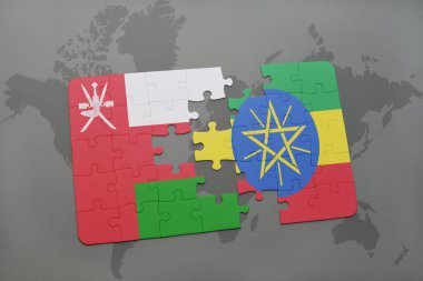 bir dünya haritası arka plan üzerinde umman ve Etiyopya ulusal bayrağı ile bulmaca.