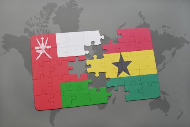 bir dünya haritası arka plan üzerinde umman ve gana ulusal bayrağı ile bulmaca.