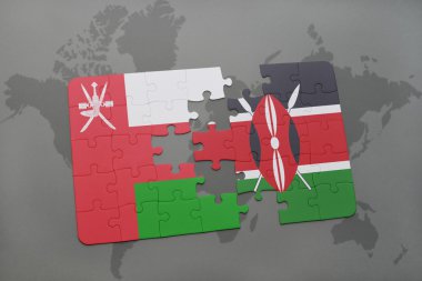 umman ve kenya ulusal bayrağı ile bulmaca bir dünya haritası arka plan üzerinde.