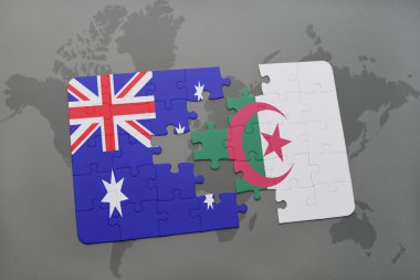 bir dünya haritası arka plan üzerinde Avustralya ve Cezayir ulusal bayrağı ile bulmaca.