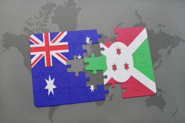 bir dünya haritası arka plan üzerinde Avustralya ve Burundi ulusal bayrağı ile bulmaca.