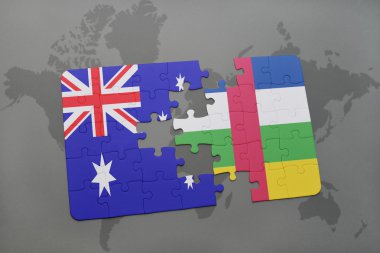 bir dünya haritası arka plan üzerinde Avustralya ve Orta Afrika Cumhuriyeti ulusal bayrağı ile bulmaca.