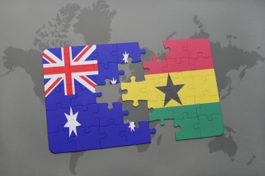 bir dünya haritası arka plan üzerinde Avustralya ve Gana ulusal bayrağı ile bulmaca.