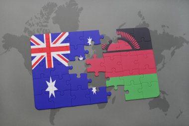 bir dünya haritası arka plan üzerinde Avustralya ve malavi ulusal bayrağı ile bulmaca.