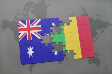 bir dünya haritası arka plan üzerinde Avustralya ve Mali ulusal bayrağı ile bulmaca.